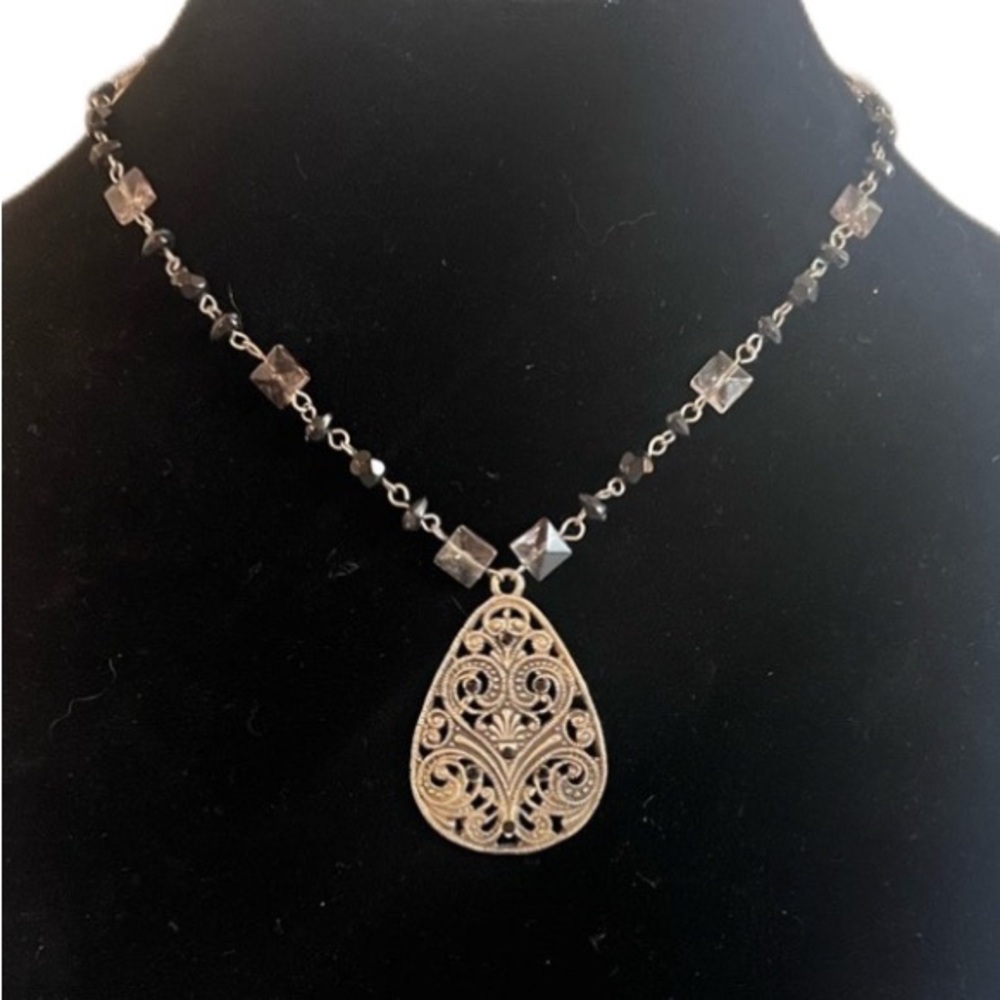 Vintage Inspired Silver Filigree Teardrop Pendant Black Gray Beaded Necklace